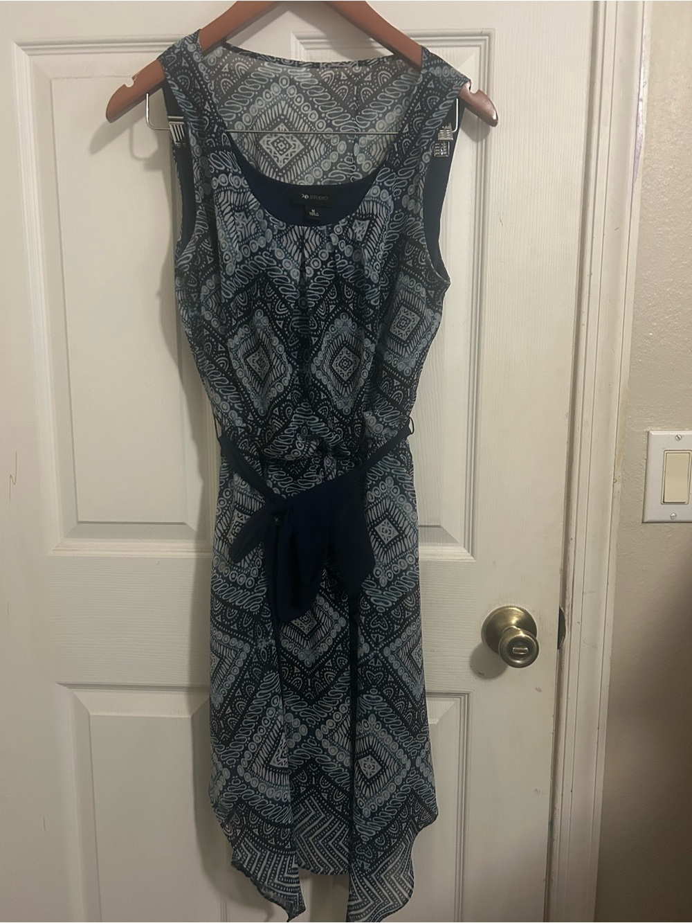 AB Studio Navy and Light Blue Sleeveless Geometric Tie-Waist Dress